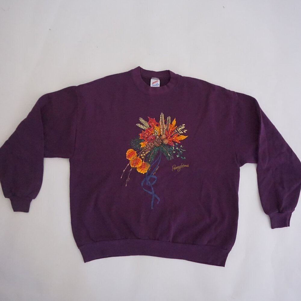 Vintage Jerzees Plum Autumn Harvest Floral Leaf Wheat Bouquet Grandmacore XL